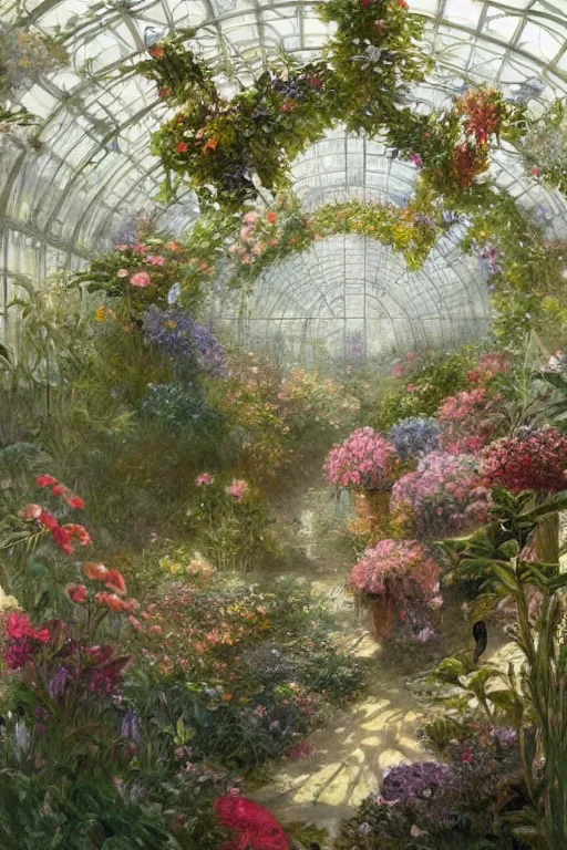 Image similar to a beautifull intricate greenhouse with many flowers, reflexions, verry high details by william turner art, greg rutkowski and alphonse mucha, trending on artstation, very very detailed, masterpiece,