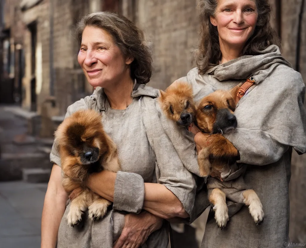 Prompt: closeup portrait of beautiful woman carrying a dog, smoky new york back street, by annie leibovitz and steve mccurry, natural light, detailed face, canon eos c 3 0 0, ƒ 1. 8, 3 5 mm, 8 k, medium - format print