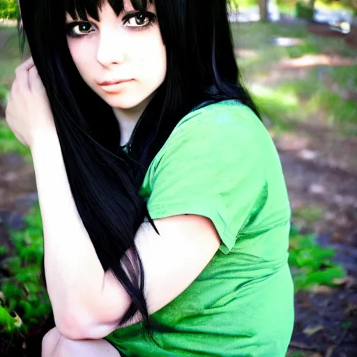 Image similar to a woman with long black hair and a green shirt, a picture by minerva j. chapman, tumblr contest winner, hurufiyya, rtx, contest winner, anime, pretty, shiny eyes, anime, sensual