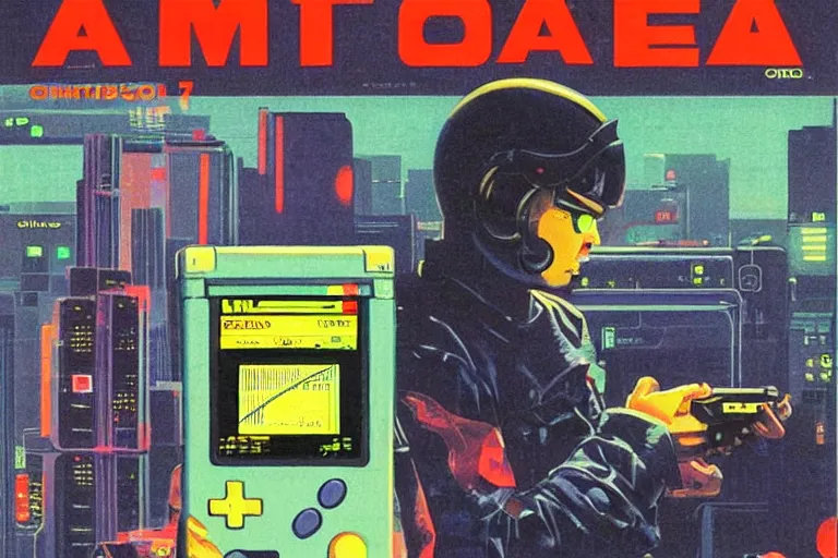 Image similar to a 1979 cover of OMNI magazine depicting a gameboy. Neo-Tokyo. Cyberpunk style art by Vincent Di Fate.