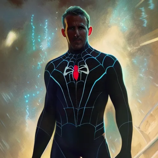 Image similar to ryan reynolds as a black and blue suit spider - man, cinematic, volumetric lighting, f 8 aperture, cinematic eastman 5 3 8 4 film, photorealistic by greg rutkowski, by stanley artgerm, by alphonse mucha