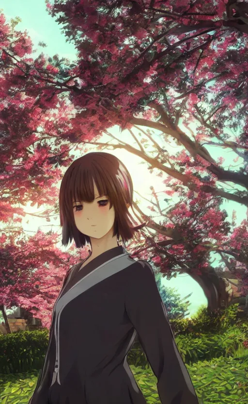 Image similar to anime style, gta 5, portrait of girl, yukata clothing, sakura tree in background, short hair, hair down, symmetrical facial features, from arknights, hyper realistic, extreme detail, volumetric lights, 4 k drawing, safebooru, realistic lighting, by alphonse mucha, greg rutkowski, sharp focus, backlit