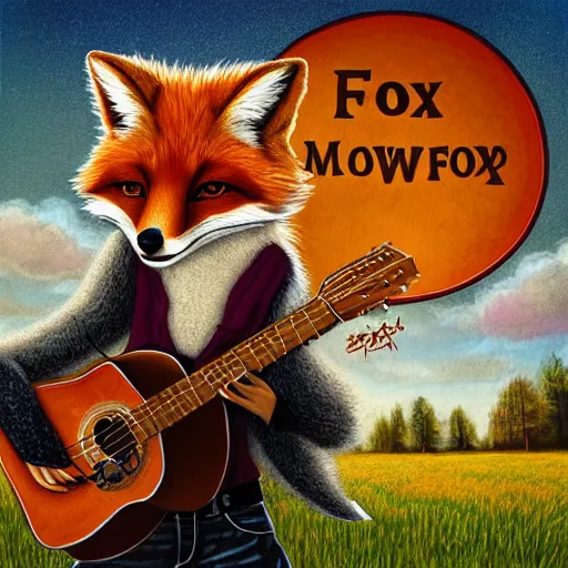 Image similar to a female fluffy anthropomorphic fox animal, head of fox, wearing cowboy hat, wearing plaid shirt, playing guitar, in a field, barn in background, album cover style