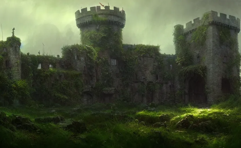 Image similar to wide angle shot of an old castle covered by plants with moody and cinematic lighting by greg ruthkowski and craig mullins and caspar david friedrich, cinematic and atmospheric, concept art, artstation, trending on artstation