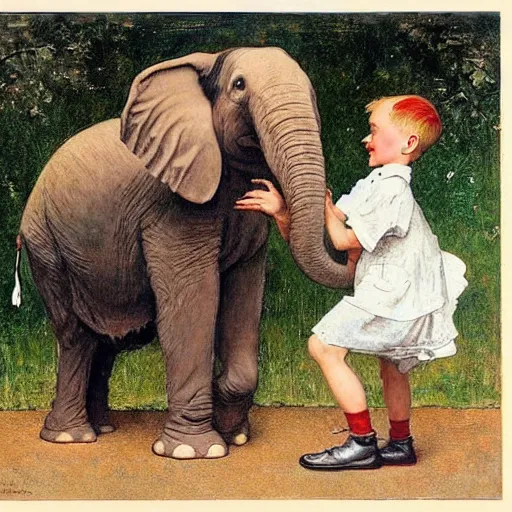 Prompt: a Norman Rockwell painting of a boy and his pet elephant