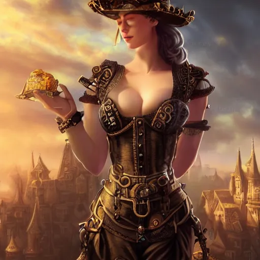 Image similar to fantasy woman in steampunk town, details face, detailed body, realistic body structure, unreal engine, by popular digital artist, digital, artstation, detailed body, heavenly atmosphere, digital art, overdetailed art, trending on artstation, cgstudio, the most beautiful image ever created, dramatic, award winning artwork, beautiful scenery