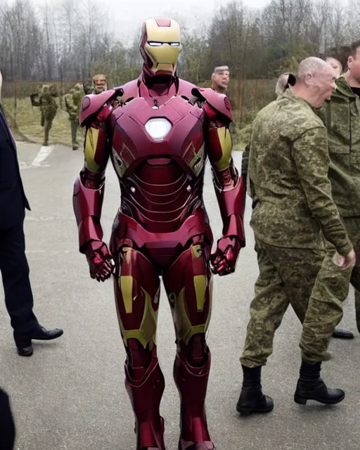 Image similar to vladimir putin wearing a military exoskeleton, iron man, ukraine