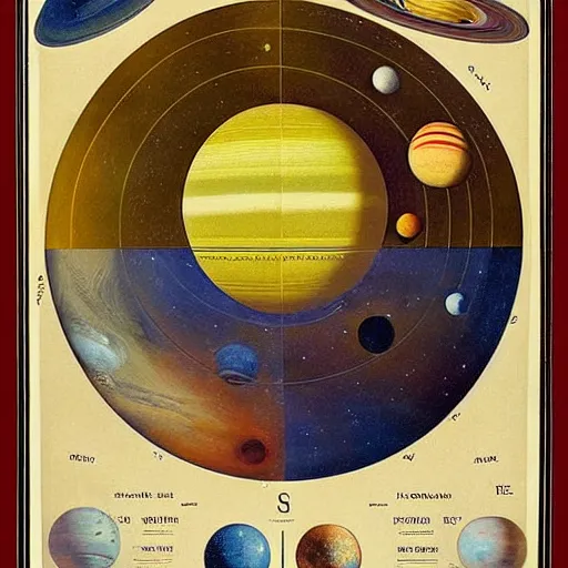 Prompt: color poster of the solar system ; 9 planets and the sun by adolphe millot