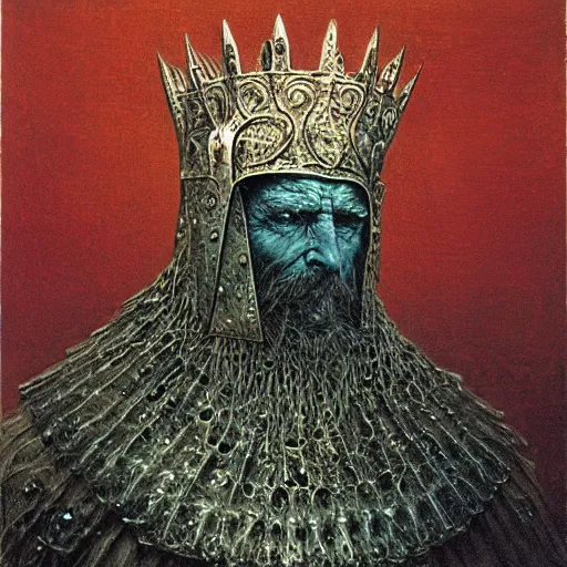 Image similar to ice lord, wearing icy ornamented armor, wearing ice royal crown war helm, beksinski