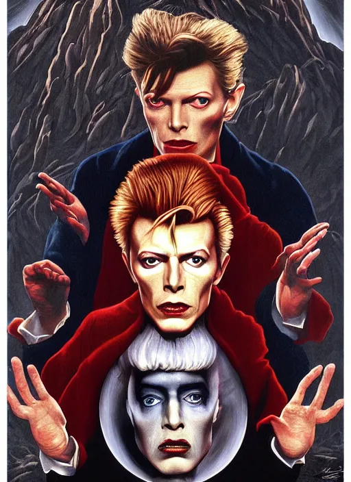 Prompt: twin peaks poster art, portrait of david bowie meets the little boy who is the prince of darkness, by michael whelan, rossetti bouguereau, artgerm, retro, nostalgic, old fashioned