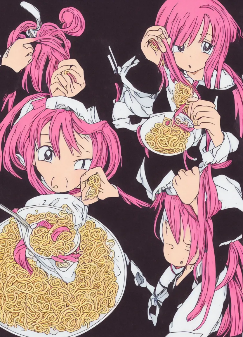 anime girl with pink hair eating ramen noodles, black | Stable Diffusion |  OpenArt