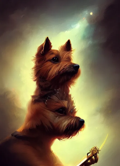 Prompt: norwich terrier as an wizard, backround dark, highly detailed, digital illustration, trending in artstation, modern painting, smooth, sharp focus, intricate, by peter mohrbacher