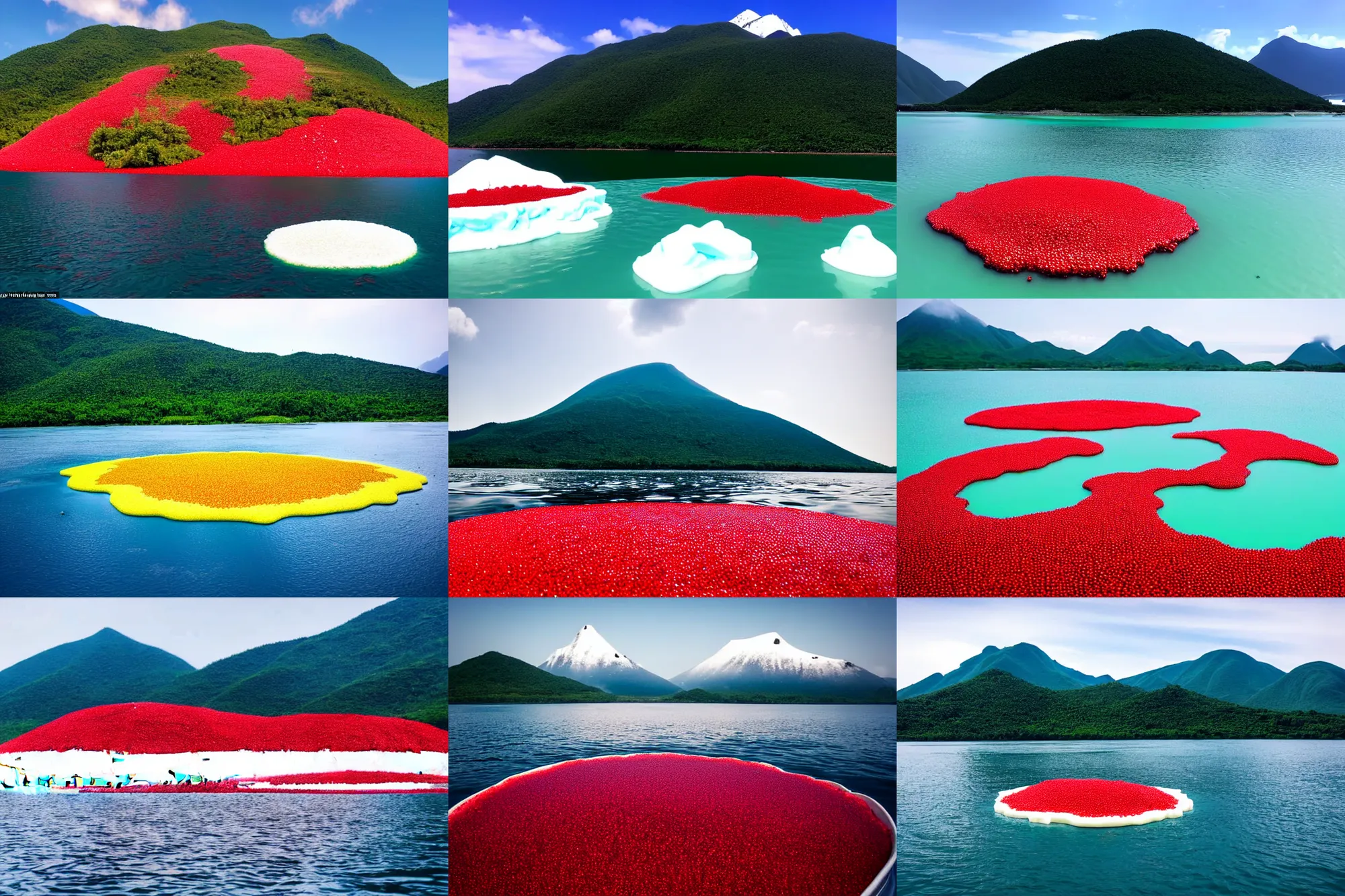 Prompt: an island made of red caviar, in the center of this island there are several mountains made of white ice cream, the water around this island is made of coca - cola ( dark brown water ), the photo was taken from a boat, lemon slices float on the water