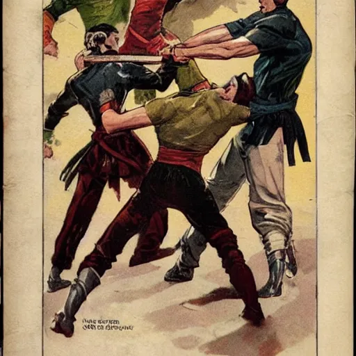 Image similar to vintage comic, greg rutkowski man with long sword fighting several martial artists at once