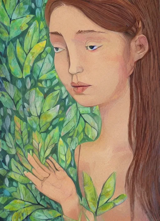 Image similar to a wonderful childrens illustration book portrait painting of a woman with serene emotion, art by tracie grimwood, forest, trees, many leaves, birds, whimsical, aesthetically pleasing and harmonious natural colors