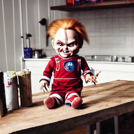 Prompt: chucky the killer doll on standing on a work bench table