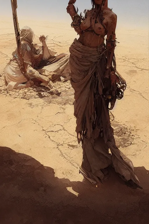 Image similar to a full body portrait of a beautiful post apocalyptic offworld desert bedouin blind barbarian leper laying by the roadside, begging, intricate, elegant, highly detailed, digital painting, artstation, concept art, smooth, sharp focus, illustration, art by krenz cushart and artem demura and alphonse mucha