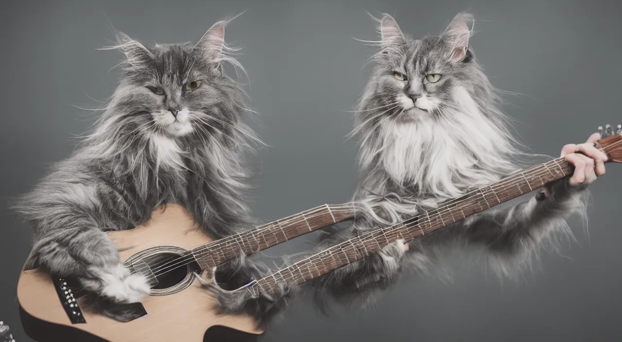 Image similar to long haired gray cat playing guitar 5 5 mm photography detailed footage