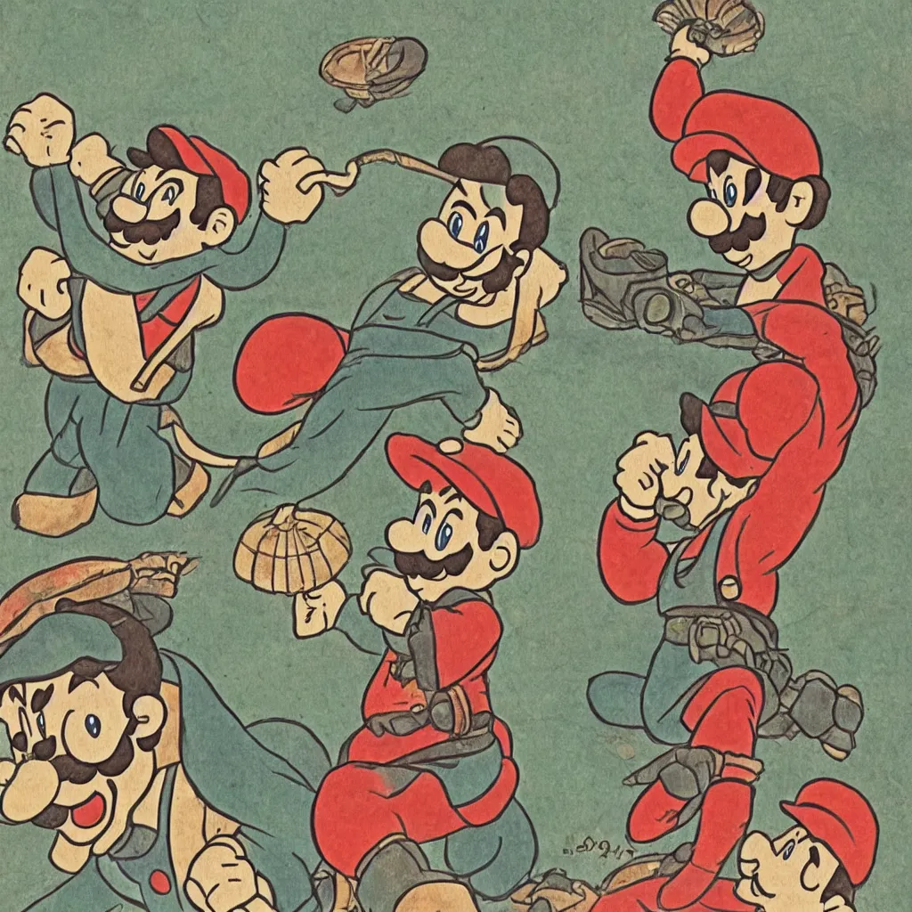 Image similar to Mario and Luigi depicted as an Edo-era illustration