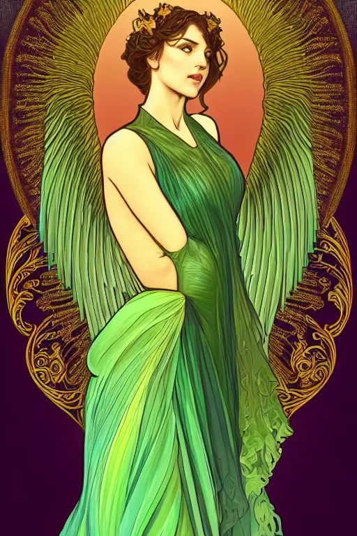 Image similar to a magic the gattering illustration of a woman angel , fantasy, gradient black green gold, dreamy and ethereal, green eyes, golden ratio, peaceful expression, ornate frilly dress, fantasy, intricate, elegant, rainbow splash of ink, highly detailed, digital painting, artstation, concept art, smooth,b sharp focus, illustration, art by scott fisher and alphonse mucha