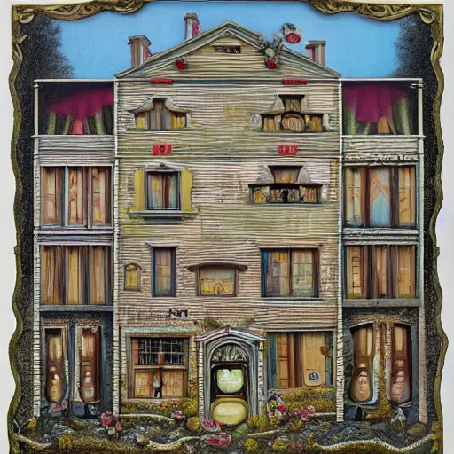 Image similar to a house with many rooms, 8k , lowbrow surrealistic, in the style of Mark Ryden,