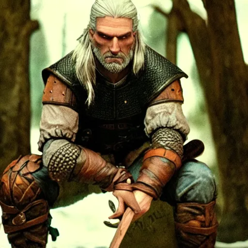 Image similar to geralt from the witcher, posed like rodin's the thinker, film still