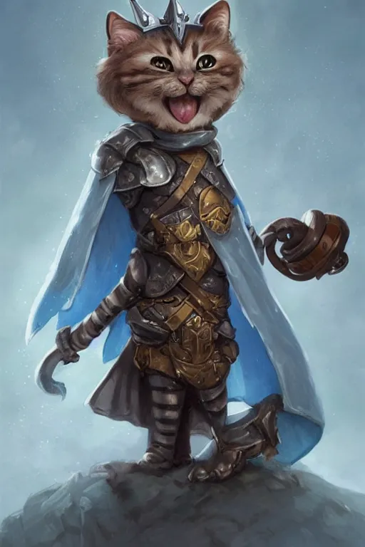 Image similar to cute little anthropomorphic cat knight wearing a cape and a crown, tiny, small, miniature cat , baby animal, short, pale blue armor, cute and adorable, pretty, beautiful, DnD character art portrait, matte fantasy painting, DeviantArt Artstation, by Jason Felix by Steve Argyle by Tyler Jacobson by Peter Mohrbacher, cinematic lighting