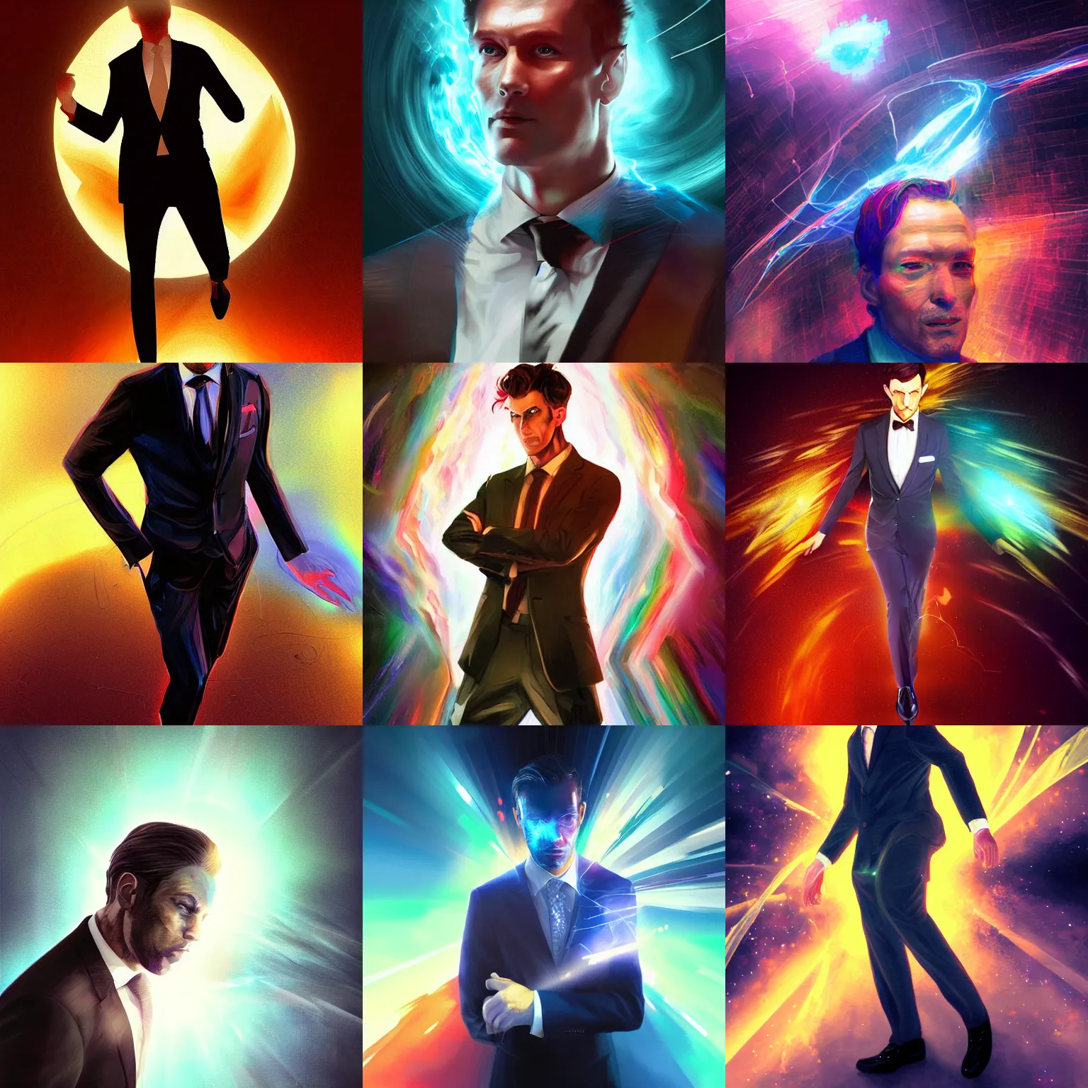 Prompt: man in a suit, emerging from an energy rift, colored, digital artwork, dynamic light, by wlop, artgerm