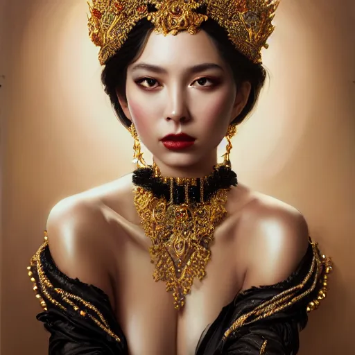 Prompt: expressive oil painting, of alluring european princess, seductive look, smooth glowing skin, glistening body, love, adoration, ornate headpiece made from beads, black choker, black earrings, glamour shot, by yoshitaka amano, by greg rutkowski, by jeremyg lipkinng, by artgerm, digital art, octane render, white dress