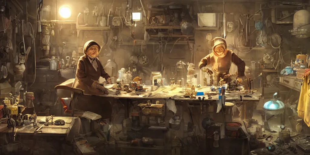 Image similar to an environmental concept art of an elderly russian woman cyberneticist in a cluttered mechanics workshop, surgical implements, surgery table, highly detailed, cinematic, dramatic, cyberpunk, dieselpunk