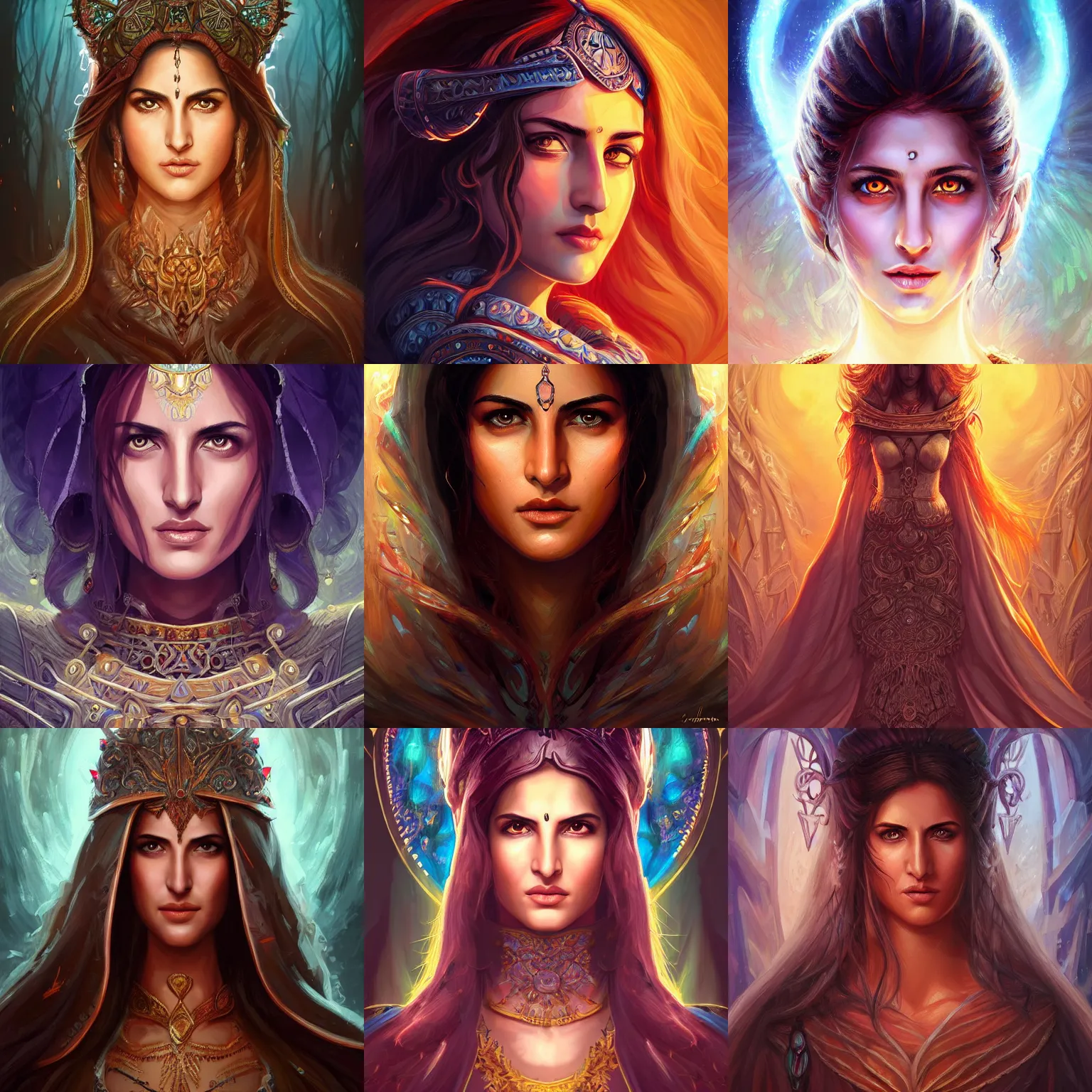 Prompt: head-on centered symmetrical painted portrait, Katrina Kaif as a D&D Storm Mage, intricate fantasy robes, fantasy, intricate, elegant, highly detailed, digital painting, smooth, sharp focus, illustration, dramatic lighting, artstation, in the style of Artgerm and Anna Podedworna and Alex Ross