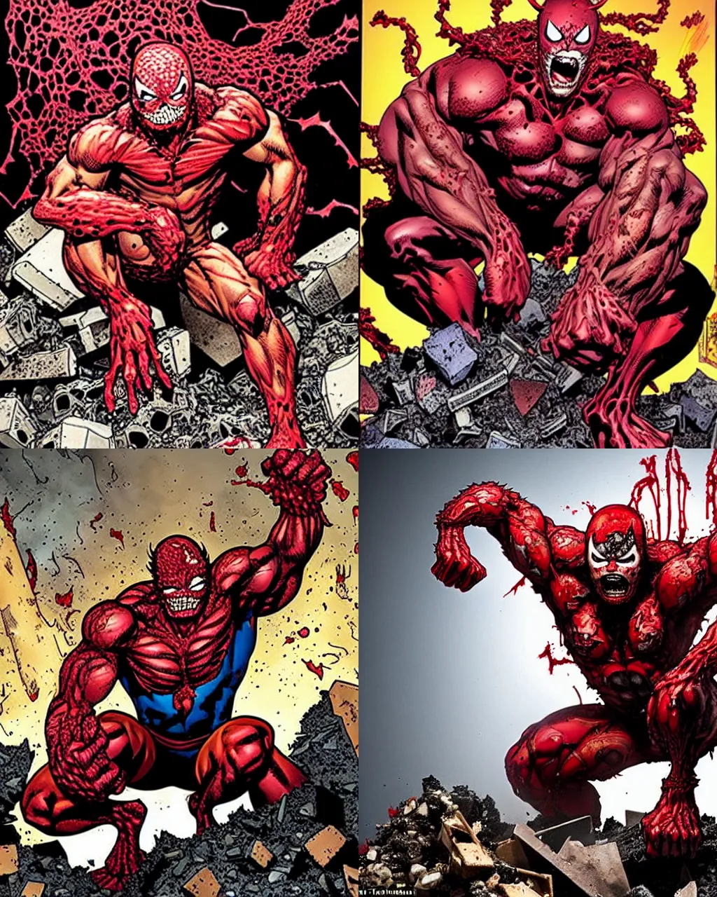 Prompt: a full frame picture of marvel Carnage crouching atop a pile of rubble by Todd McFarlane, thin and muscular, bloody tendrils, sharp teeth, large grin,