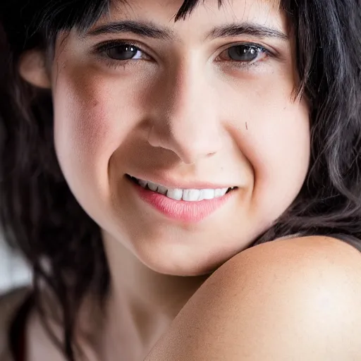 Image similar to young woman with shoulder - length messy black hair, slightly smiling, 1 3 5 mm nikon portrait