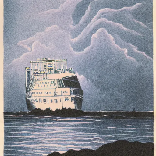 Prompt: a risograph of a ship during huge storm