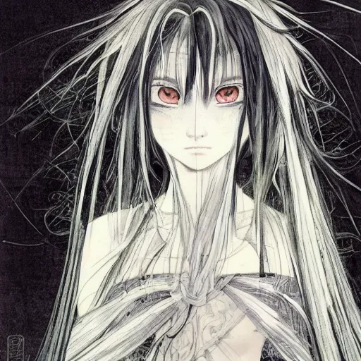 Image similar to yoshitaka amano blurred and dreamy illustration of an anime girl with black eyes, wavy white hair fluttering in the wind and cracks on her face wearing elden ring armor with engraving, abstract black and white patterns on the background, noisy film grain effect, highly detailed, renaissance oil painting, weird portrait angle, three quarter view, head turned to the side