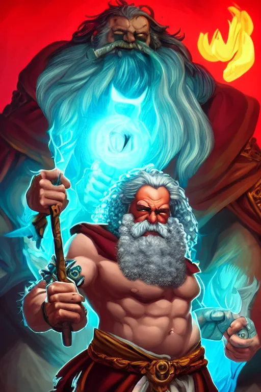 Image similar to character portrait of buff barbarian karl marx with a tattoo of an eye on the forehead, dungeons and dragons cover artwork, dynamic composition, dramatic lighting, trending on artstation, award winning art, stylized painting, concept art, 4 k, 8 k, gold and teal color scheme
