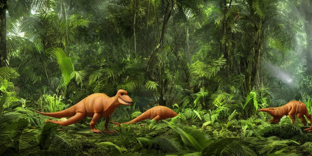 Prompt: equirectangular!! render of dinosaurs in the jungle, cinematic lighting, 8 k octane render