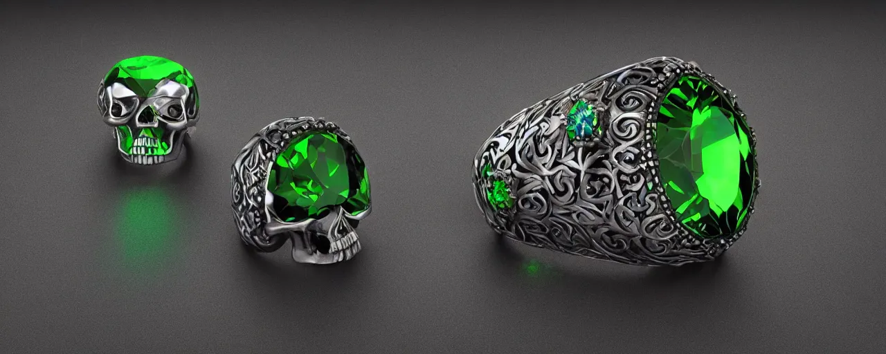 Image similar to simple magic crystal ring of poison, radiant cut, skull, skulls, green, black, purple. smooth shank, setting, prongs, crystal, engravings, diamonds, product design, jewelry, gold, silver, colorful, art by gerald brom, greg rutkowski and artgerm, photo realism, unreal engine, c 4 d