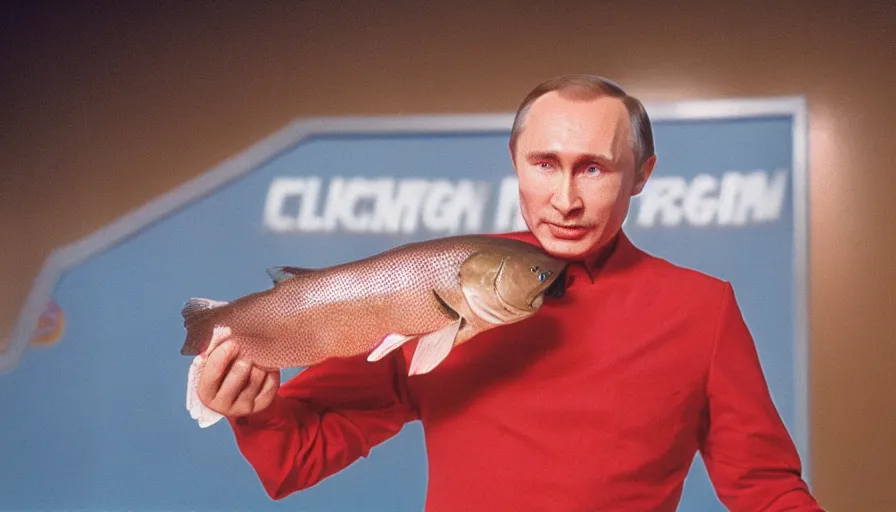 Prompt: 7 0 s movie still of putin in game show, proudly holding a salmon. cinestill 8 0 0 t _ 3 5 mm eastmancolor, heavy grain, high quality, high detail