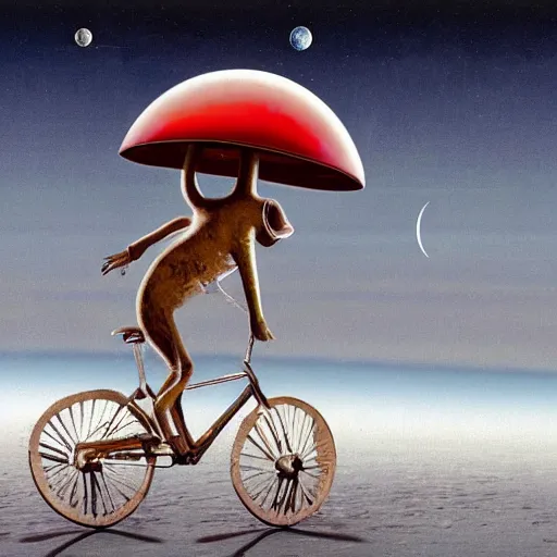 Image similar to a stainless steel bike, with swiss cheese wheels a wheel, a rat cycling fast on the surface of the moon and drives away from a huge and dangerous mushroom cloud of a nuclear explosion. photorealistic