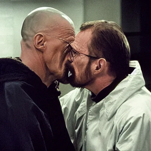 Prompt: Walter white kissing Micheal morbius