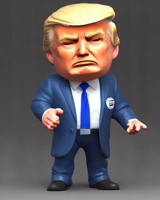 Prompt: full body 3d render of donald trump as a funko pop, studio lighting, white background, blender, trending on artstation, 8k, highly detailed