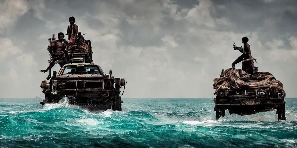 Image similar to sri lankan mad max style, ocean, big ship, film still, epic shot cinematography, rule of thirds