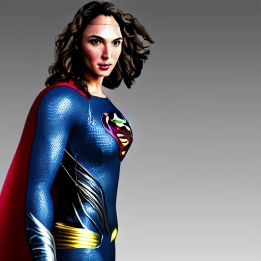 Image similar to an potrait of gal Gadot cast of movie man of steel and wearing a superman suit, photorealistic, 4k