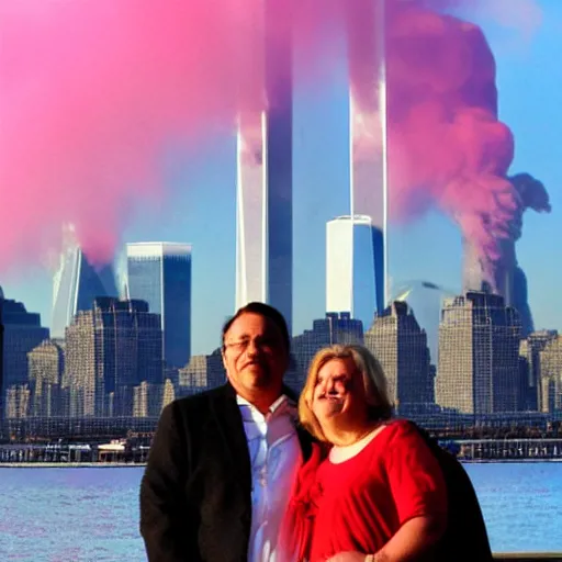 Image similar to a close up of a smiling couple of parents to be, in front of 9 / 1 1 with pink smoke