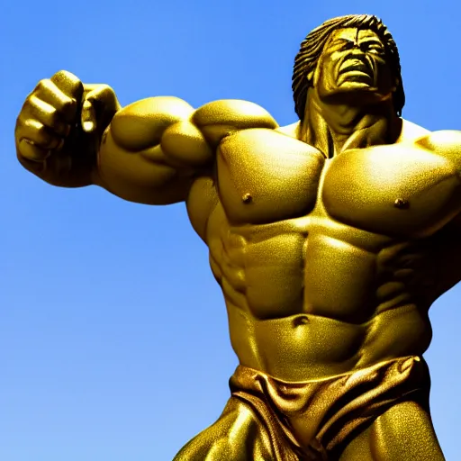 Prompt: a close up photo of a detailed golden statue of Hulk, Upper body shot, 8K,