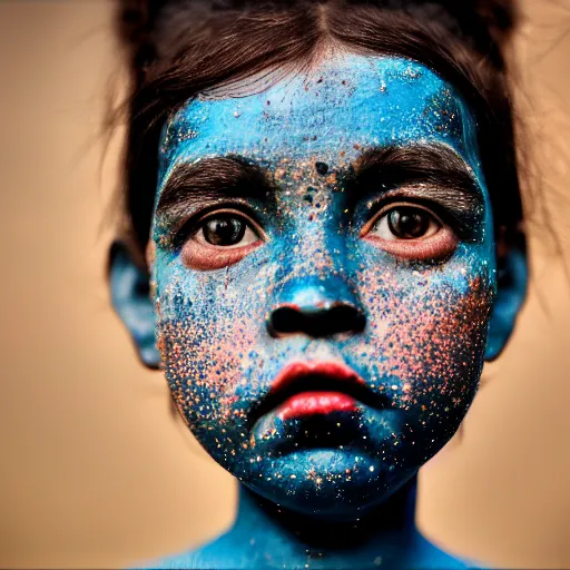 Prompt: a little blue-skinned girl with messy black hair sharp pointed ears freckles along the ridges of her cheeks, high resolution film still, 4k, HDR colors