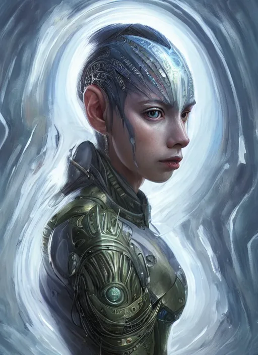 Image similar to a professional painting of a beautiful young female alien, clothed in ethereal armor, olive skin, long dark hair, beautiful bone structure, symmetrical facial features, intricate, elegant, digital painting, concept art, smooth, sharp focus, illustration, from Valerian and the City of a Thousand Planets, by Ruan Jia and Mandy Jurgens and Artgerm and William-Adolphe Bouguerea