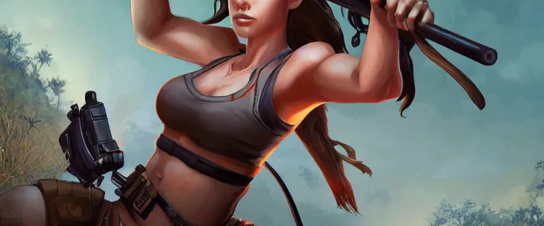 Prompt: wide shot of Lara Croft resting after climbing out of an ancient river, fireflies, glowing eyes in distance, by Artgerm