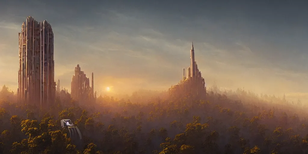 Prompt: a matte painting of a glass castle surrounded by a mist shot at golden hour on 3 0 mm film painted by alena aenami and john berkey